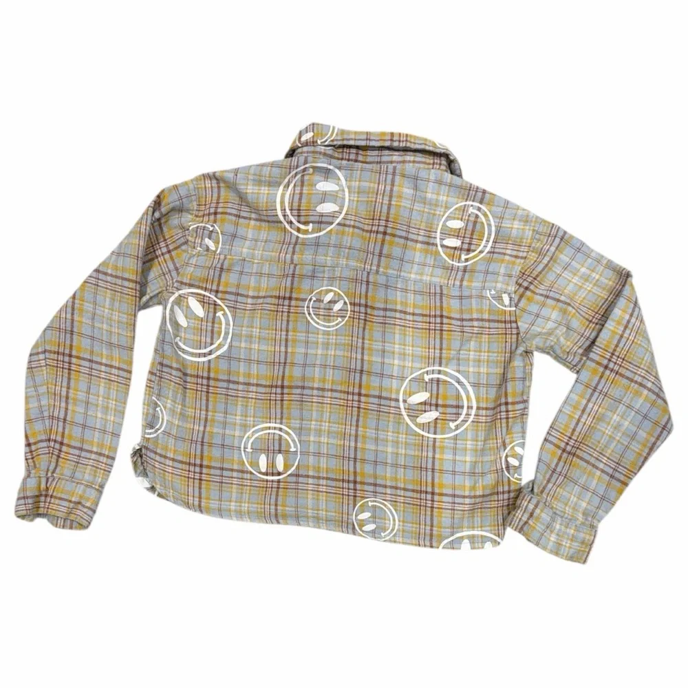 No Comment Plaid Flannel Smiley Face Cropped Button Down Shirt - Size S‎ - Picture 2 of 3
